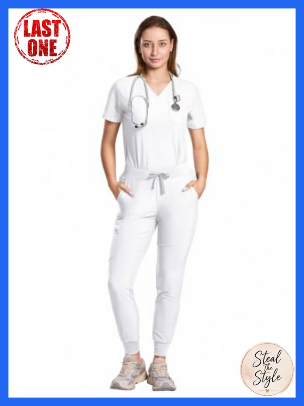 Women's Scrub Set V-Neck Top Jogger Pants 10 Pockets Stretch Splash-Resistant